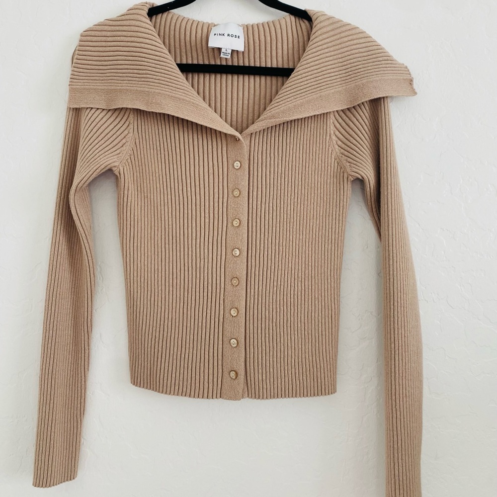 Pink Rose Sweater Women Large Beige Ribbed knit Open Collar Wide neckline Style